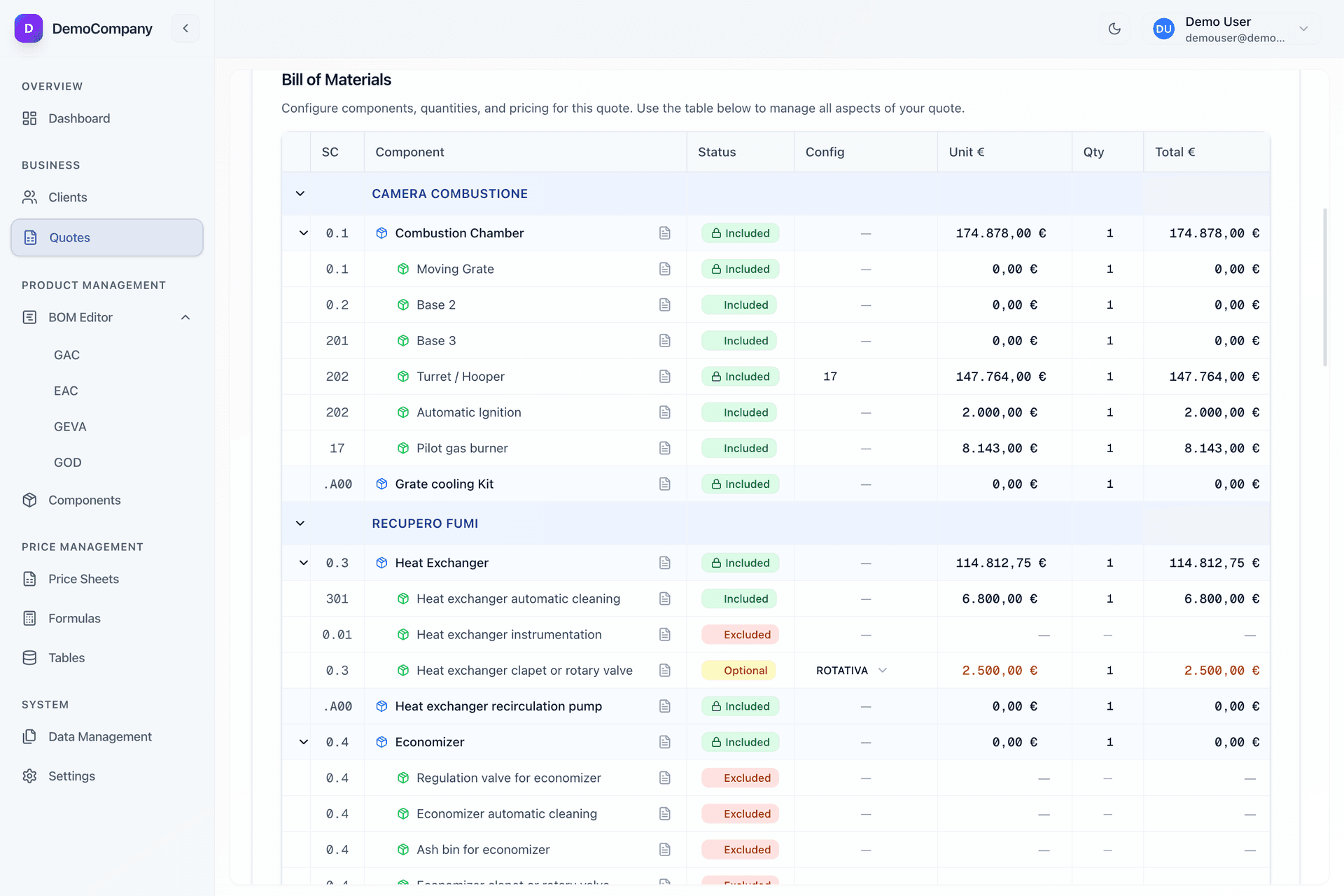 CPQ Platform Bill of Materials View