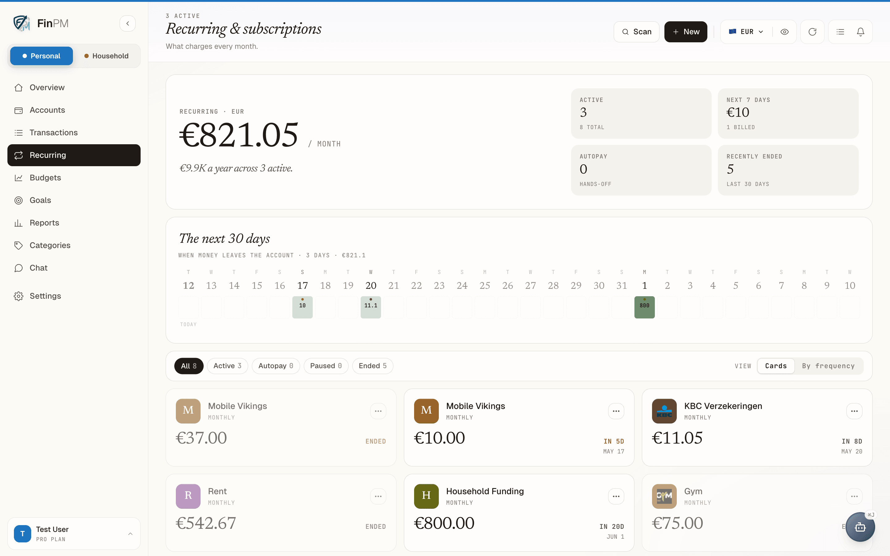 FinPM recurring subscriptions screen with calendar of next 30 days of debits