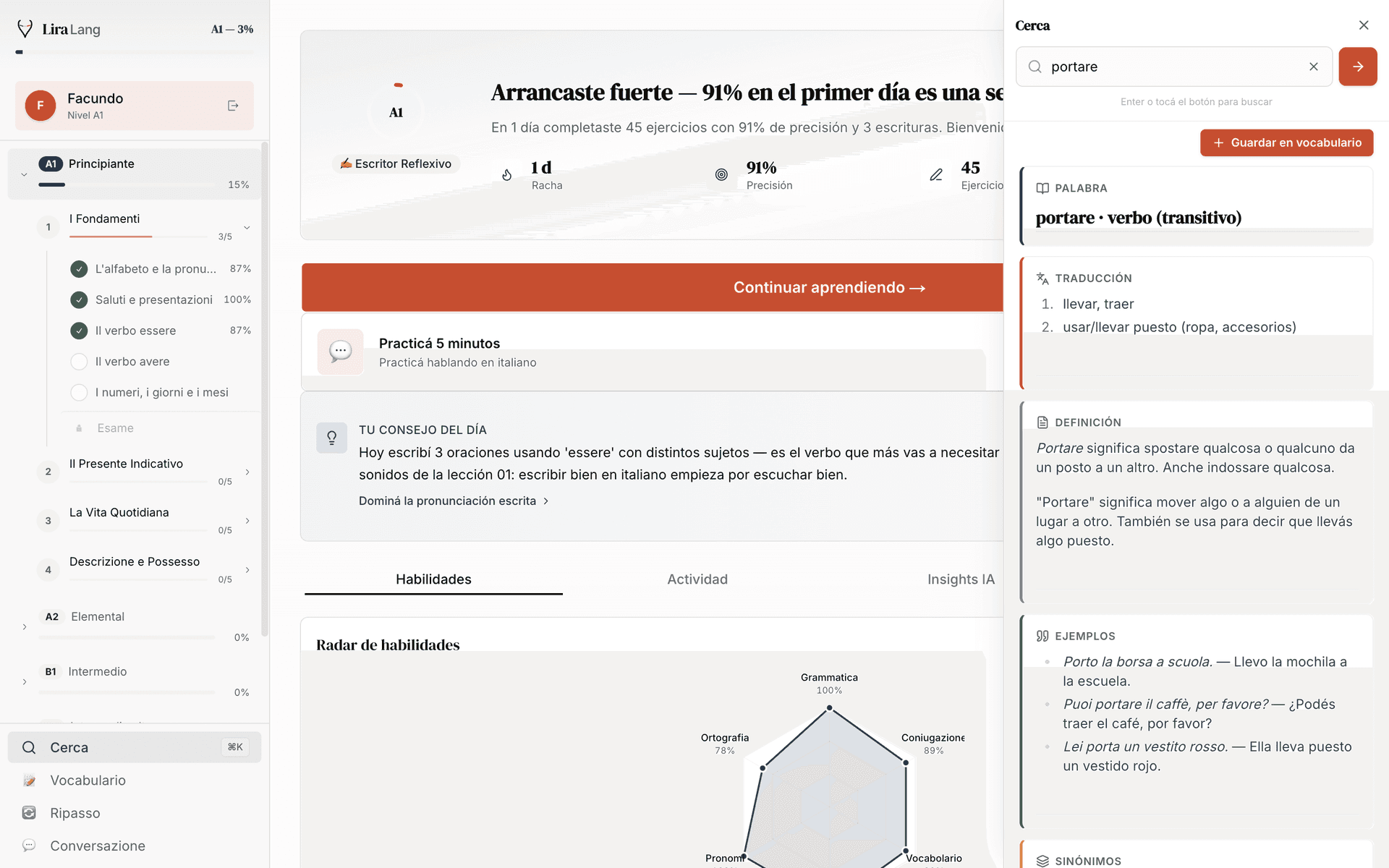 LiraLang Cerca lookup engine showing definition, examples and synonyms for the verb portare