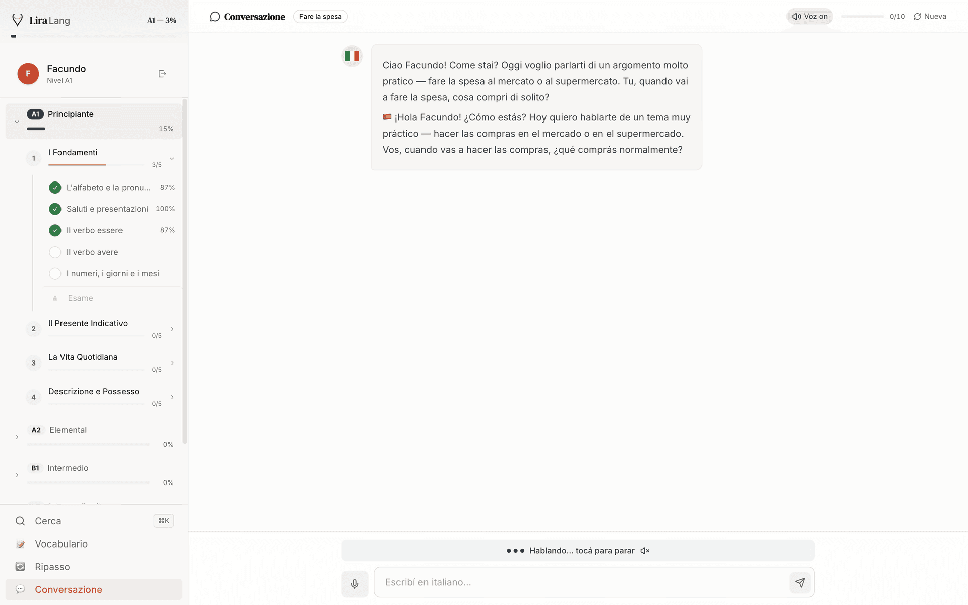 LiraLang Conversazione chat with Italian AI tutor and Spanish translation underneath