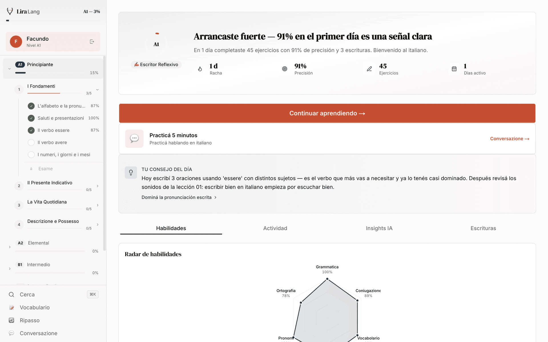 LiraLang course dashboard with chapter tree, streak/precision counters and skill radar