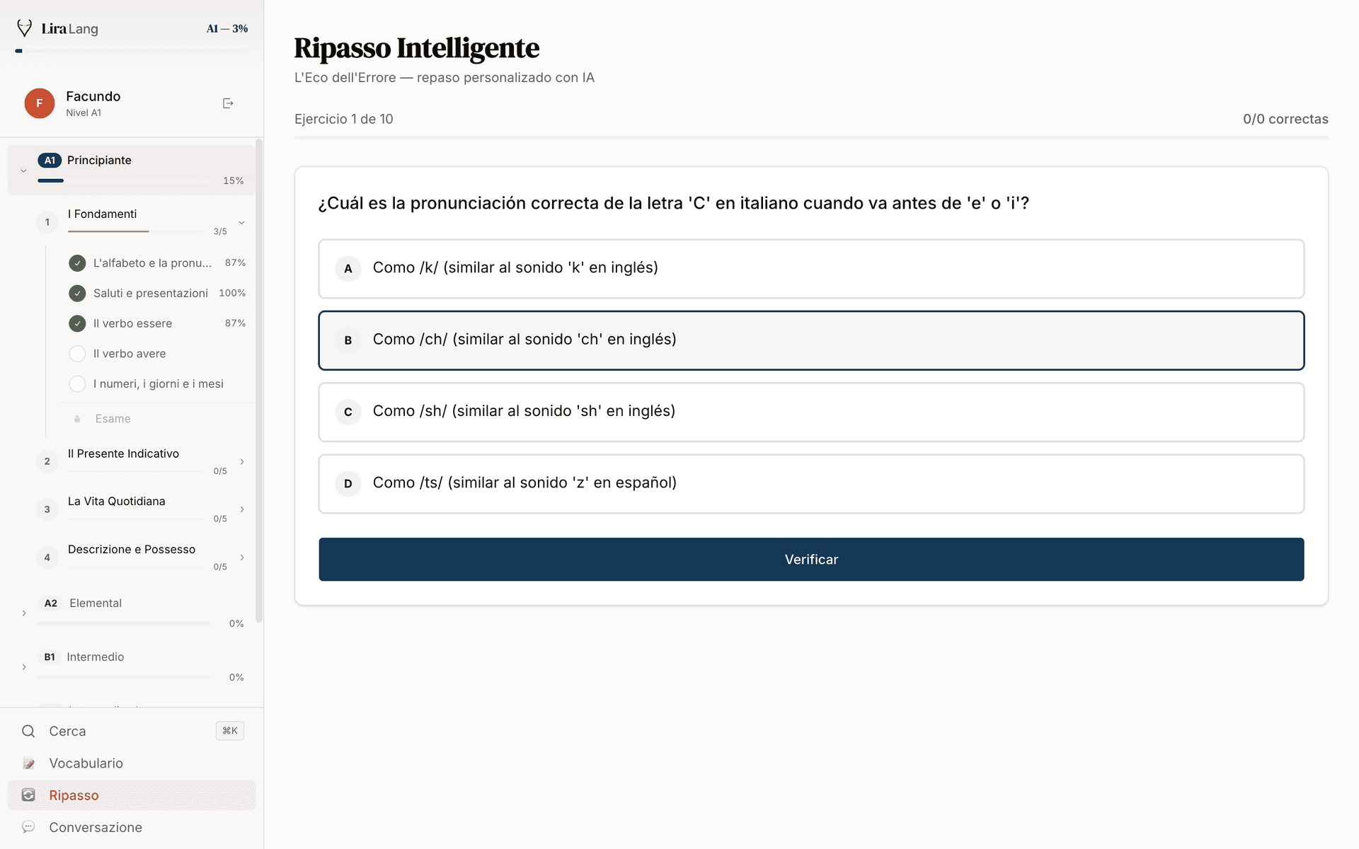LiraLang Ripasso Intelligente multiple-choice exercise targeting past mistakes